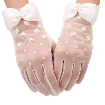 

Women Sweet Wedding Sheer Short Gloves Handmade Faux Pearl Sequins Flower Beaded Bowknot Decor Bridal Prom Party Mittens