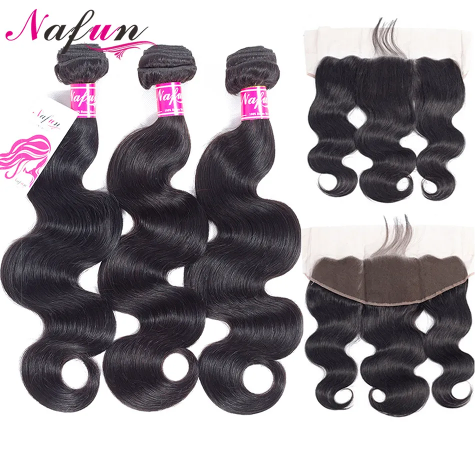 

NAFUN Hair Body Wave Bundles With Frontal Closure Non Remy Hair Natural Color Brazilian Human Hair Bundles With Lace Closure