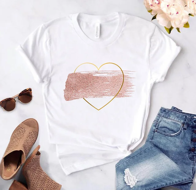 Heart flower print ladies T-shirt ladies casual basis O-collar white shirt short sleeve ladies T-shirt love graphic printing 29185
