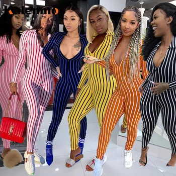 

Deep V Neck Sexy Jumpsuit Women Sport Romper Long Sleeve Bodycon Jumpsuits Laides Stripe Skinny Slim Party Club Rompers Female