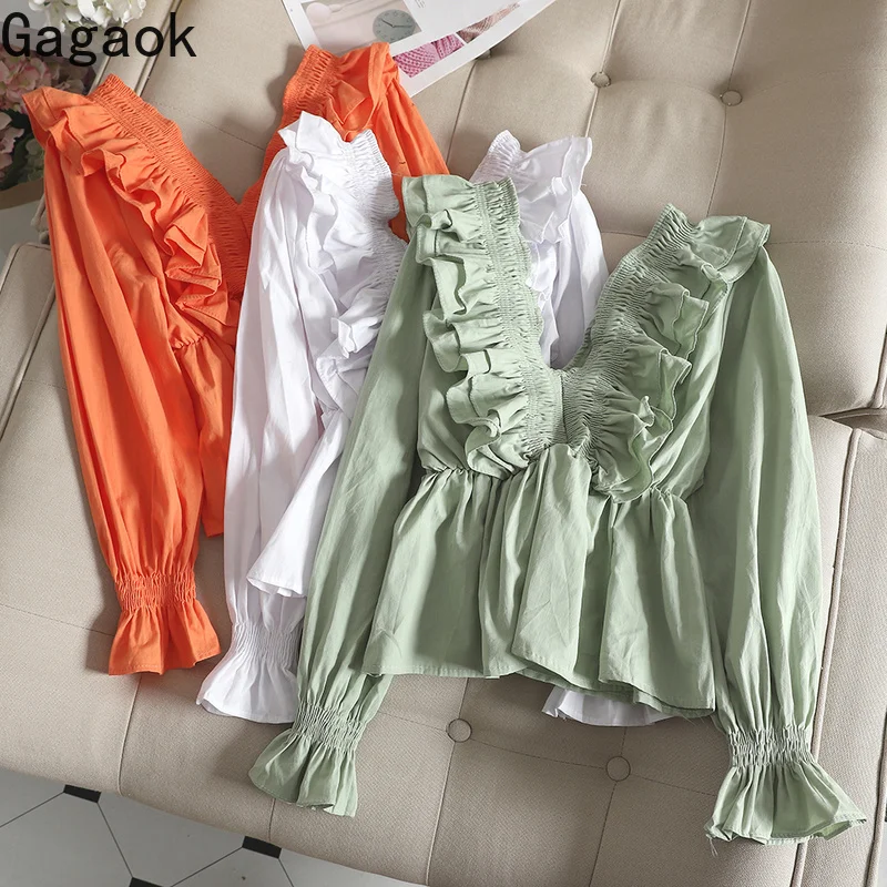 

Gagaok Women Sweet Blouse Spring Autumn New Arrival Solid V-Neck Flare Sleeve Ruffles Slim Chic Wild Female Fashion Korean Shirt