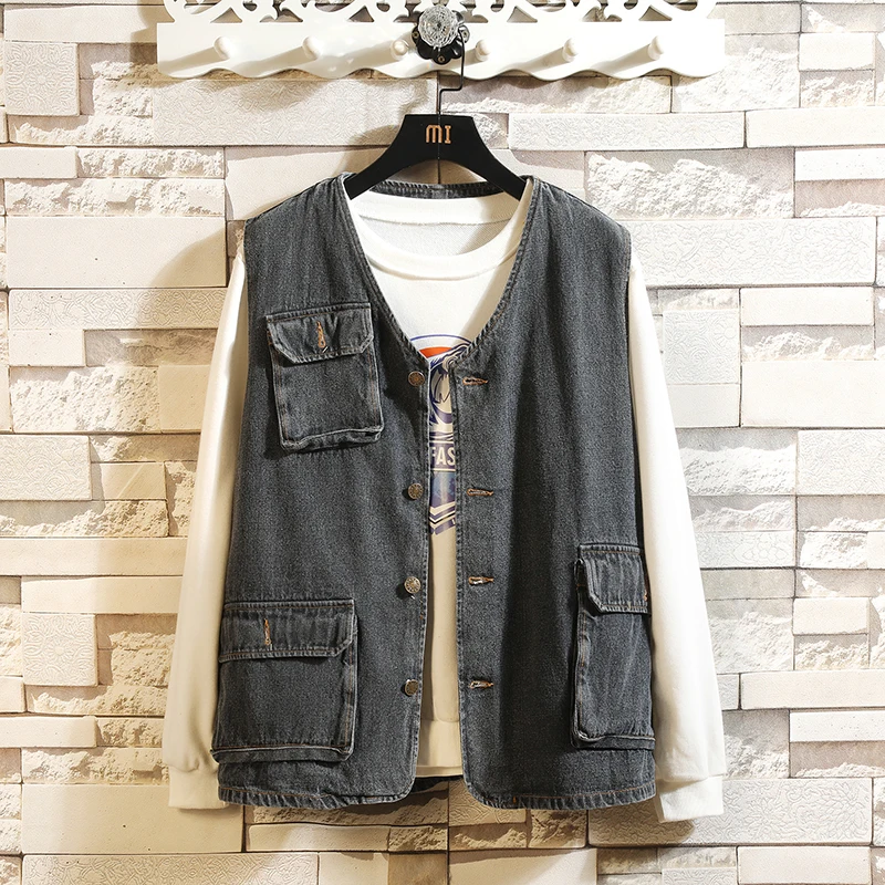 

2019 AUTUMN Spring Clothes Sleeveless Jacket Denim Jeans Vest Men's Photography Fish Thin Waistcoat Plus Size XL-4XL