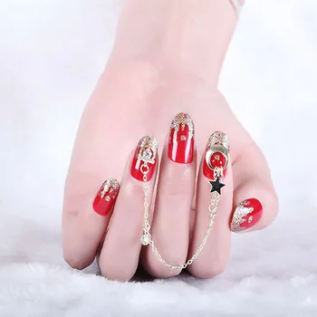 

24Pcs/box Red Volcano Shiny Powder Pendant Chain Mid-Length fake nails with design and glue Women Wearable Full Cover nail tips