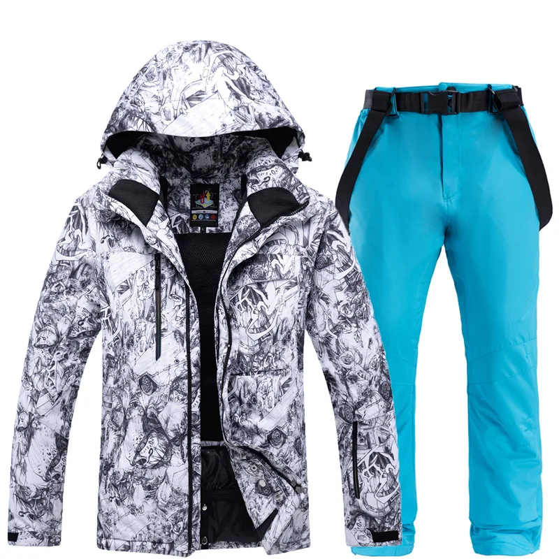 Зимний лыжный костюм мужской спорт на открытом воздухе Сноуборд набор Водонепроницаемая Лыжная куртка зимние штаны Terno Esqui теплые и ветрозащитные утепленные - Цвет: Gray Blue