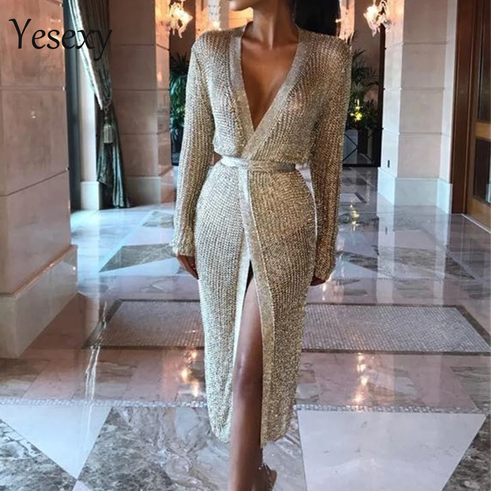 Yesexy 2020 женское сексуальное трикотажное платье с длинным рукавом и поясом