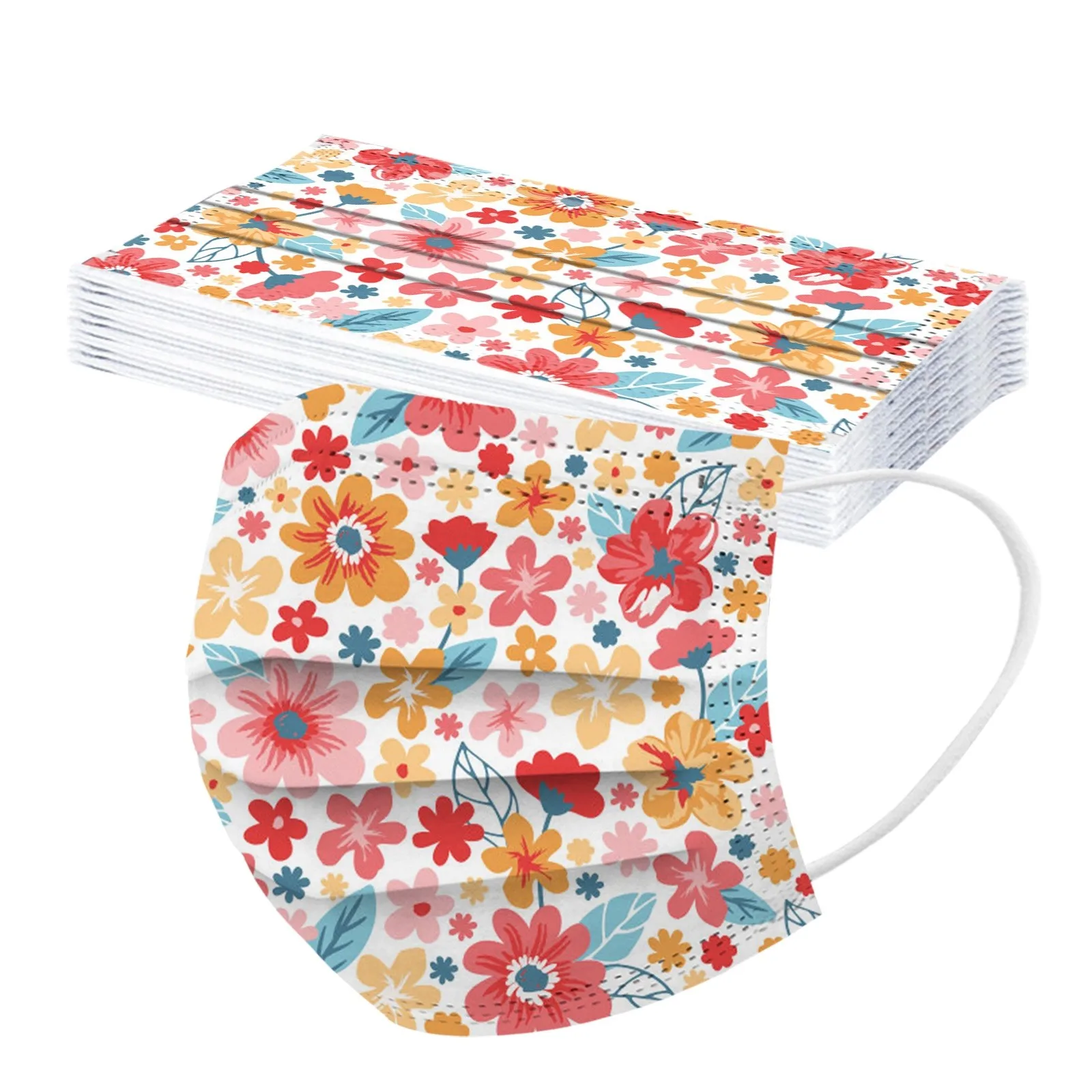 50pcs Disposable Face Mask Flower Printed Adults Mascarillas 3 Layer Filter Masque Breathable Mouth Masks Protective Mascaras