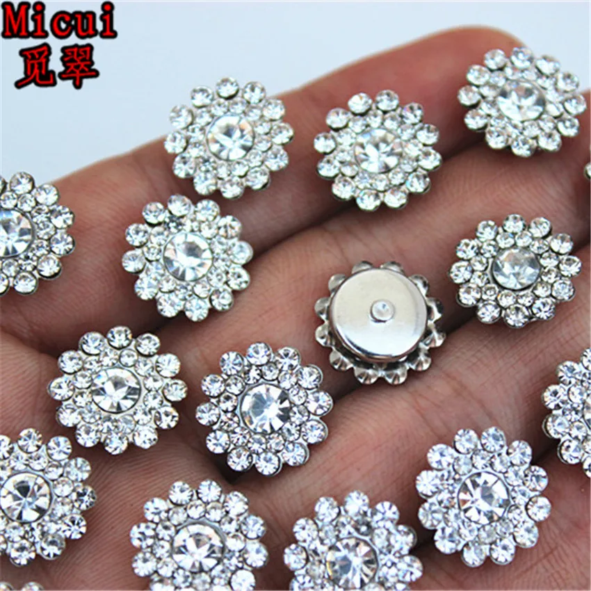 Micui 20 шт 13,5 мм круглые кристаллы кнопка золото/серебро Нержавеющая сталь установка металлический лоток Стразы DIY Свадебные украшения MC142 - Цвет: Clear Silver  Base