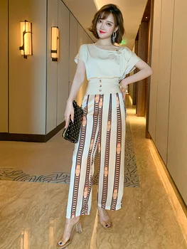 

Stylish Design Short Sleeve Western Style Top + Waist Hugging Hit Color Stripes Wide Leg Pants Suit Women's Fashion Summer New