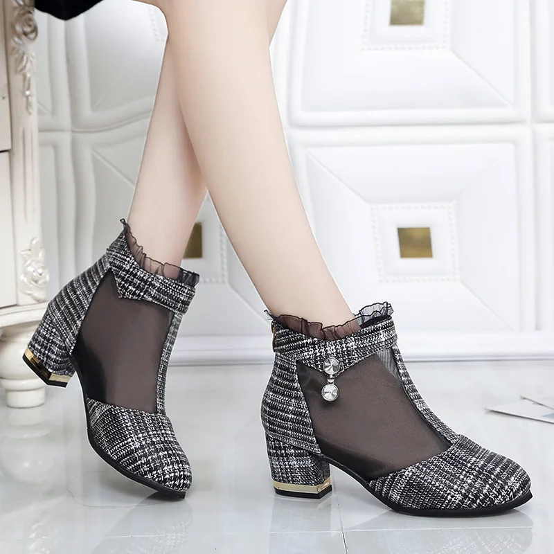 

Online Celebrity 2019 Spring Summer New Style Low Heel Sandals Women's round-Toe after Zipper Korean-style Chunky-Heel Plaid Gau