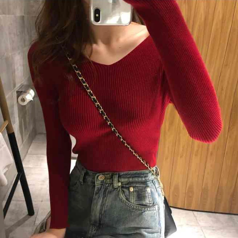

Hot V-Neck sweater women Long sleeve Knitted Pullover winter clothes women sexy fashion girls sweaters