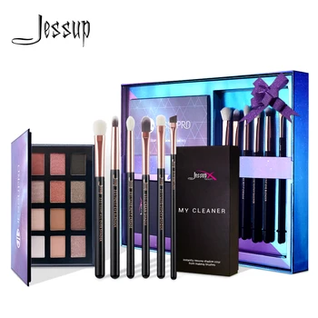 Best Offers Jessup 6pcs Makeup brushes set Cosmetic Natural Synthetic Hair & 12 color Eye shadow Palette & Makeup brush cleaner sponge