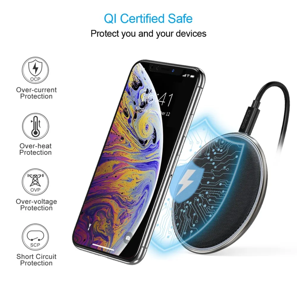 CHOETECH 10 Вт QI Беспроводное зарядное устройство для iPhone X Xs Max Xr 8 Plus быстрая портативная зарядка для samsung S10 S9 S9+ Note S8 зарядное устройство