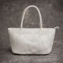 Ручная работа, Вязаная Дизайнерская Женская белая сумка из натуральной кожи, Сумка с верхней ручкой, Женская тканая Портативная сумка