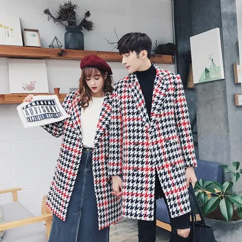 

Asian Korean Winter Coat Slim Fit Men Jacket Abrigo Largo Hombre Autumn Wool Blend Plaid Double Breasted Long Coat