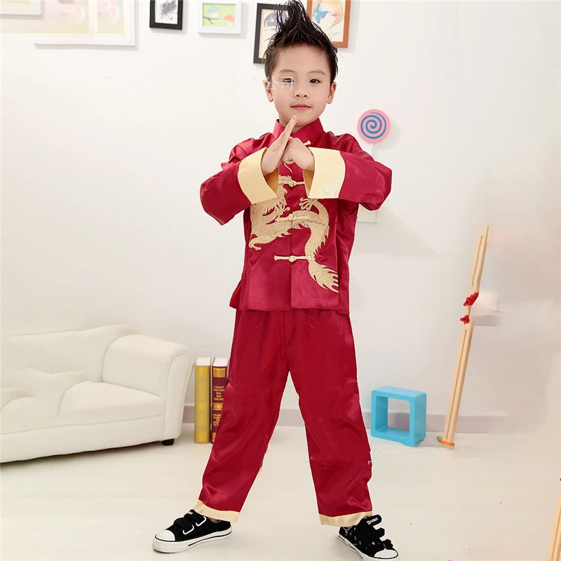 Kdis/костюм в китайском стиле; куртка и брюки; костюм кунг-фу; Униформа на год; Hanfu; праздничная одежда для мужчин; традиционная детская одежда - Цвет: Red