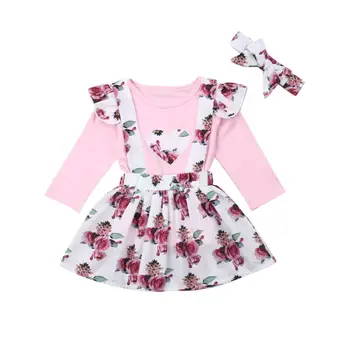 

Kid Toddler Baby Girl Floral Clothes Ruffle Tops+Suspender Skirt 3Pcs Set Outfit