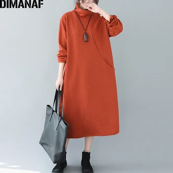 

DIMANAF Winter Plus Size Women Dress Cotton Thicken Turtleneck Lady Vestidos Female Clothing Loose Casual Striped Pockets Dress