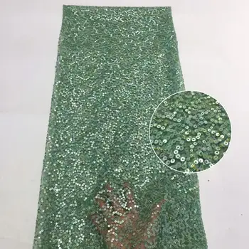 

Fashion green African Lace Fabric High Quality Sequins French Lace Fabric 3D Applique Mesh Lace For Wedding Sewing FZX41
