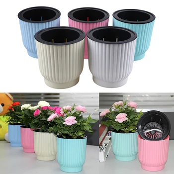 

1PC Auto Irrigate Flower Pot Vase Plastic Watering Planter 10.5*7.5cm Round Planting Bonsai Pot for Garden Home Decoration