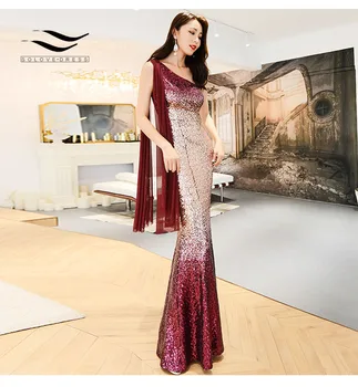 

SOLOVEDRESS One Shoulder Sequin Bodycon Dress Gradient Color Mermaid with Ribbon Burgundy Gold Formal Evening Party Dress E071