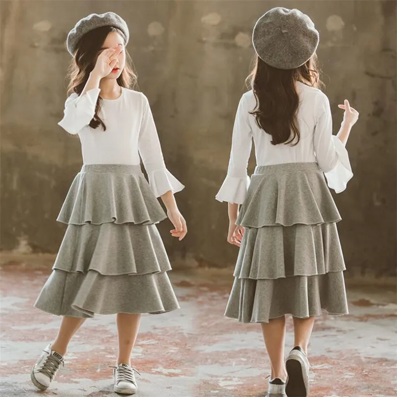 

School Outfits Two Pieces Sets Girls Clothes T Shirt & Cake Skirt Flare Sleeve Spring Autumn Children Clothing 4 6 8 10 12 Years