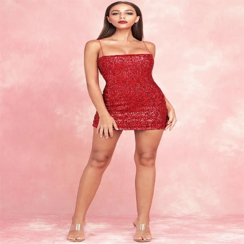 

Europe and the United States autumn and winter new fashion straps tube top red sequins backless Slim bag hip mini dress Vestido