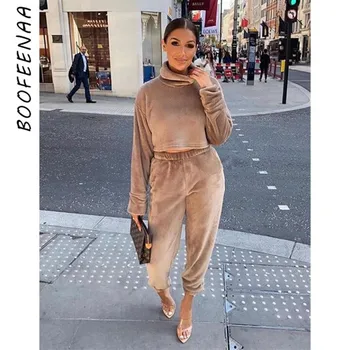 

BOOFEENAA Fleece 2 Piece White Pant Set Plus Size Matching Sets Fall Winter Outfits for Woman Lounge Wear Tracksuit C37-AH40
