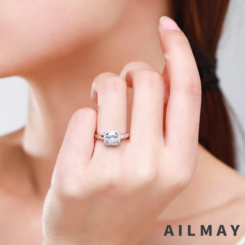 Silver Rings 925 Sterling Silver Simple Square Clear CZ Charm for Women