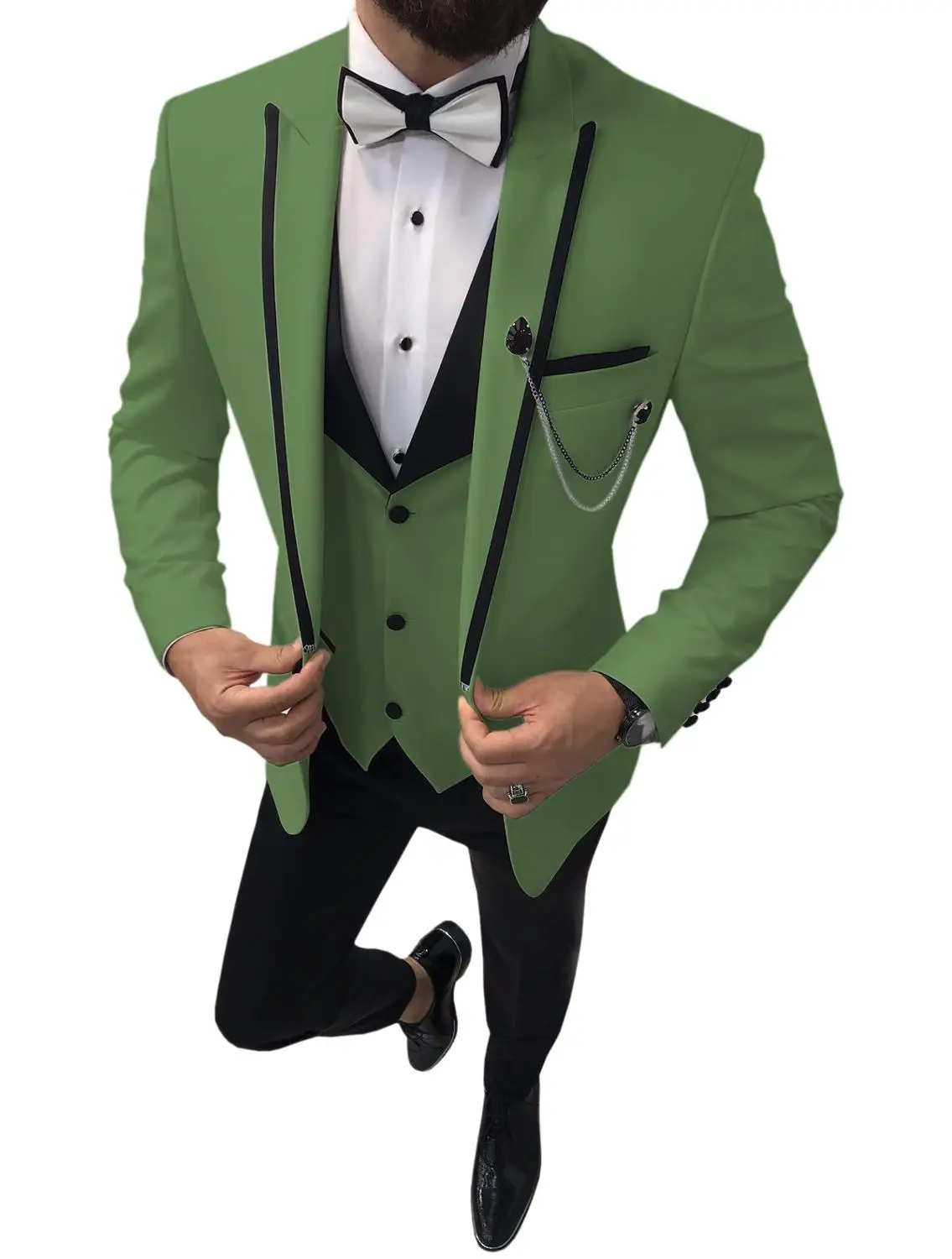 Коричневый мужской костюм из 3 предметов, приталенные Женихи, мужские повседневные свадебные костюмы с зубчатым отворотом, мужской смокинг с v-образным вырезом(пиджак+ жилет+ брюки - Цвет: Olive Green