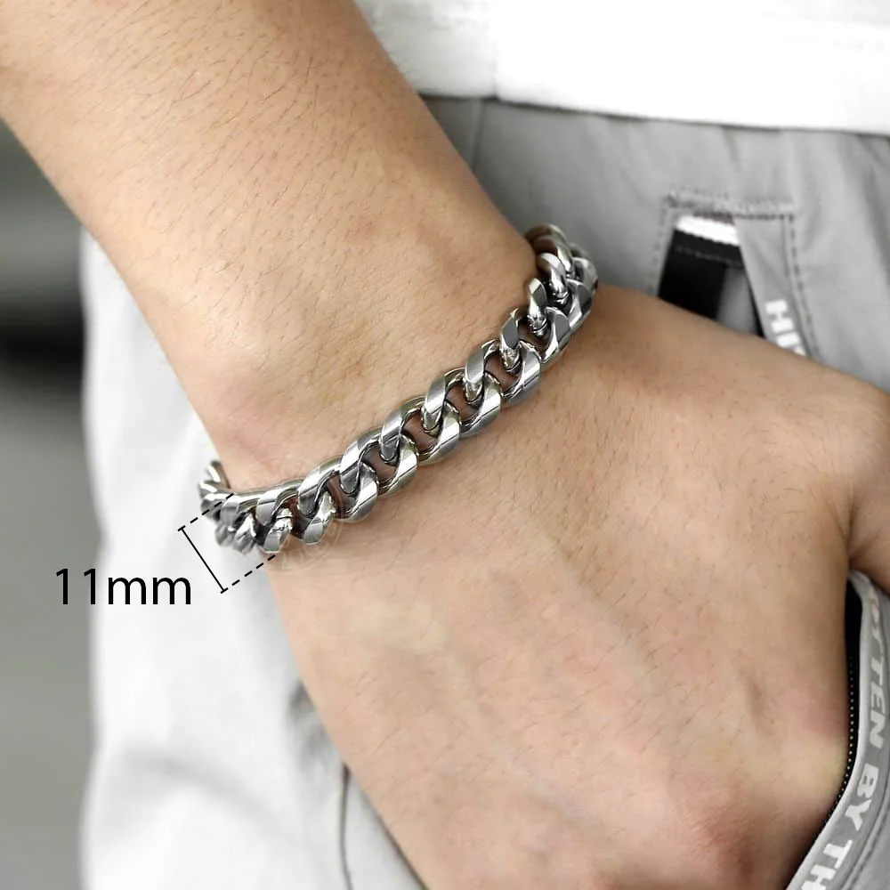 6/9/11mm Stainless Steel Curb Cuban Link Chain Bracelet for Men Boys 8/9/10inch 