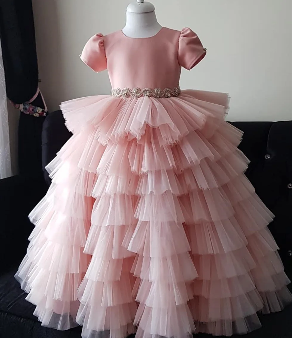 

Flower Girls Dresses Cap Sleeve Puffy Tiered Tulle vestidos de noiva Birthday Party Gowns For Girls