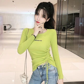 

A072 # Details Have Big Picture Hong Kong Style Crew Neck Drawstring Sweater Women's Slim Fit Slimming Base Shirt Underwear Tops