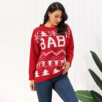 

Women Merry Christmas Tree Letters Red O-Neck Sweater Pullover Long Sleeve Sweater Womens Autumn Winter Casual Clothes