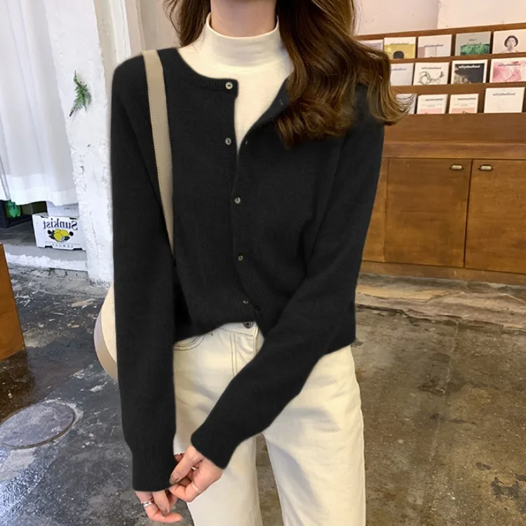 

Raccoon Fur Spring and Autumn 2020 New Style round Neck Purple Short Long Sleeve Knitted Cardigan Loose Sweater Coat Tops Women