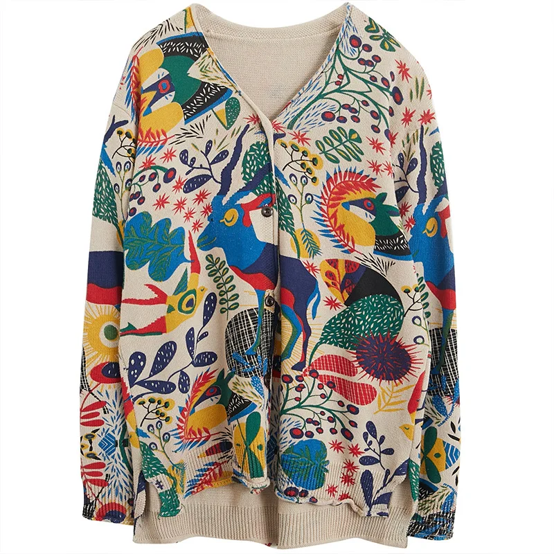 

Cardigan Sweater Women Oversized Loose Autumn 2020 Long Sleeve Knitted Sweater Funny Childlike Print Buttons Split Tops Outwear