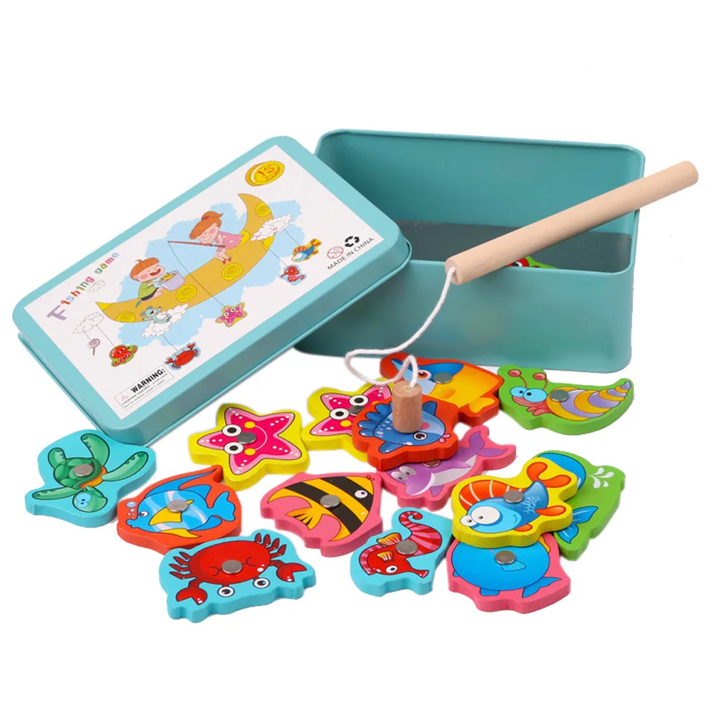 15Pcs Game Educational Outdoor Toy Fish Wooden Magnetic Fishing Toy Set Fish Parent-child Exchange interactive toy juguetes