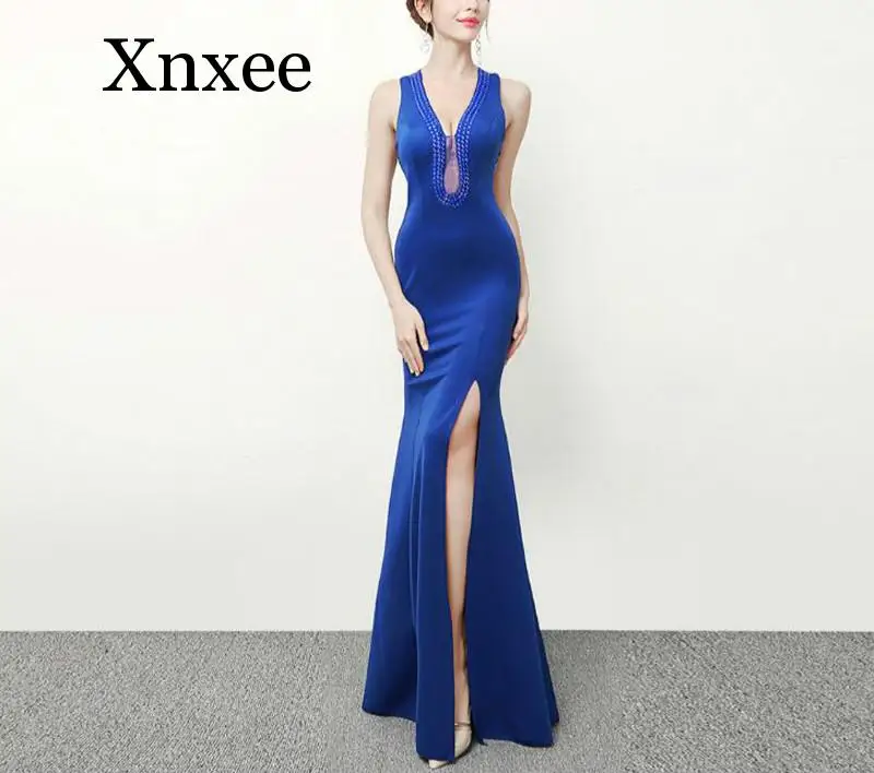 

Sexy Illusion Deep V Neck Crystal Mermaid Long Dresses Party Split Hollow Out Backless Maxi Dress