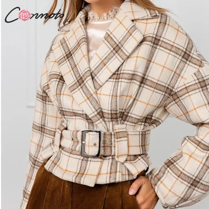 Conmoto, женские модные клетчатые искусственные шерстяные пальто, Осень-зима, женские уличные короткие куртки и пальто с поясом для девушек