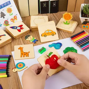 

Painting Template Set Children's Wooden Toys Coloring Graffiti Learn To Draw Tools Early Learning Painting Set