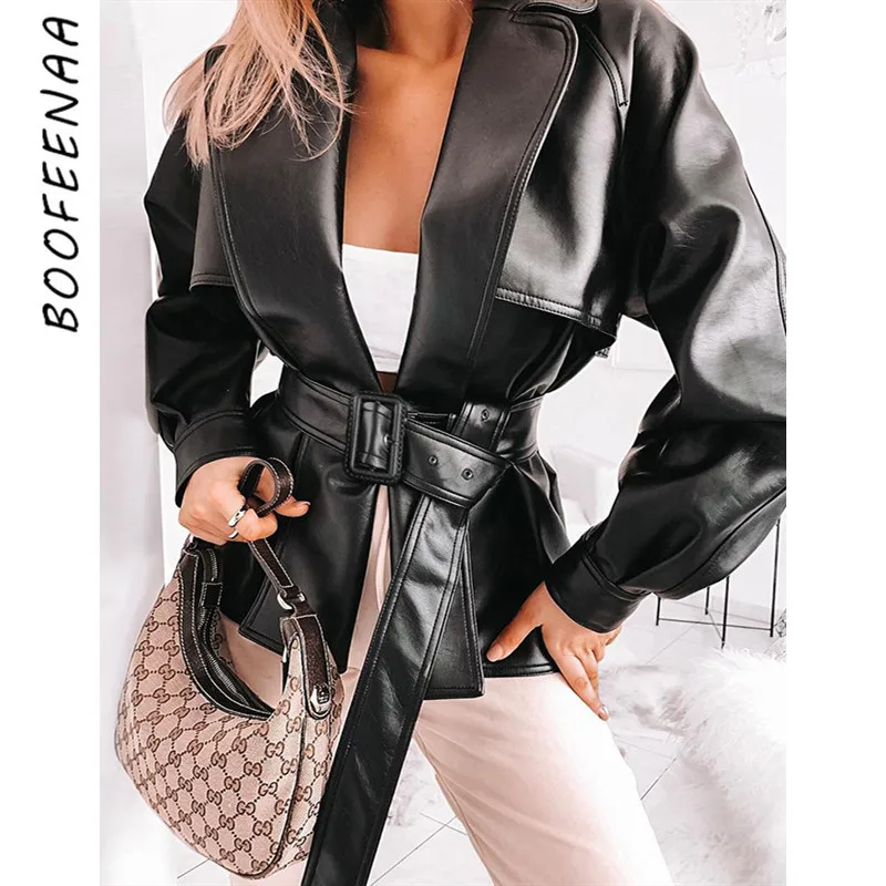 BOOFEENAA Black Long Faux Leather Jackets Women Winter Clothes Vintage Belted Blazer Biker Motorcycle Coat Windbreaker C67-BB39