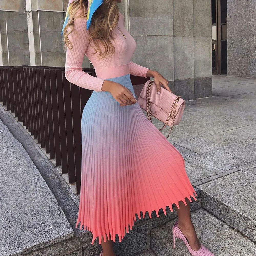 Градиентное плиссированное платье-свитер, женское модное дизайнерское элегантное вязаное платье средней длины, зимние розовые синие вечерние платья трапециевидной формы - Цвет: Gradient