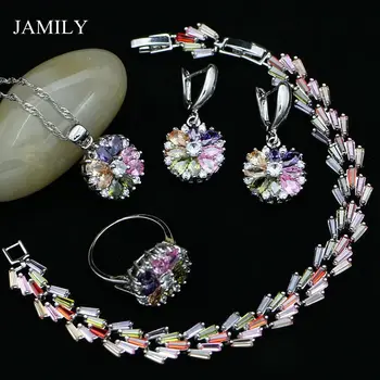 

Fashion Lotus Shaped 925 Sterling Silver Jewelry Sets Multicolor Stones Zircon For Women Necklace Ring Pendant Bracelet Earrings
