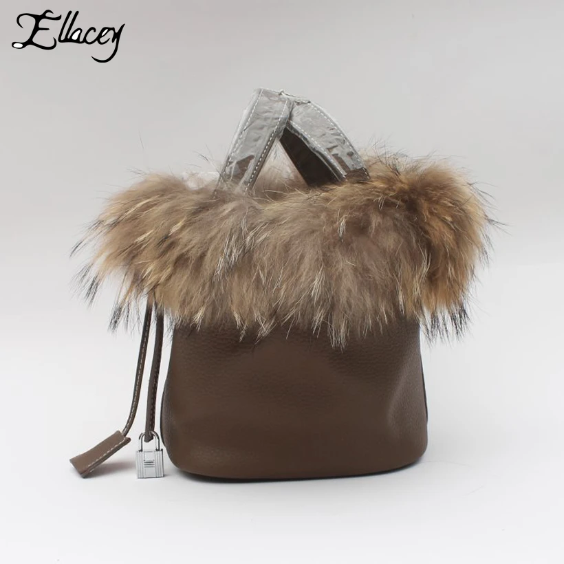 Сумка ведро Ellacey Женская из натуральной кожи с лисьим мехом|women bucket bag|bucket bagtote bag |