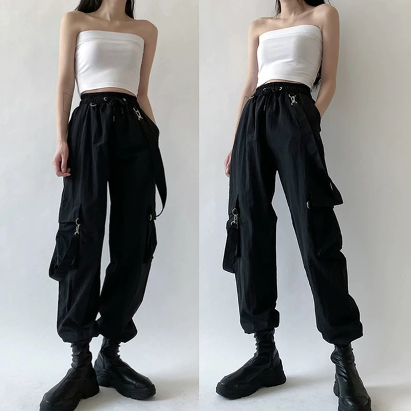 black cargo pants Women Fashion Harajuku Cargo Pants Black Detachable Strap Trousers Female Elastic Waist Streetwear Pants Plus Zise Casual Pants nike sweatpants