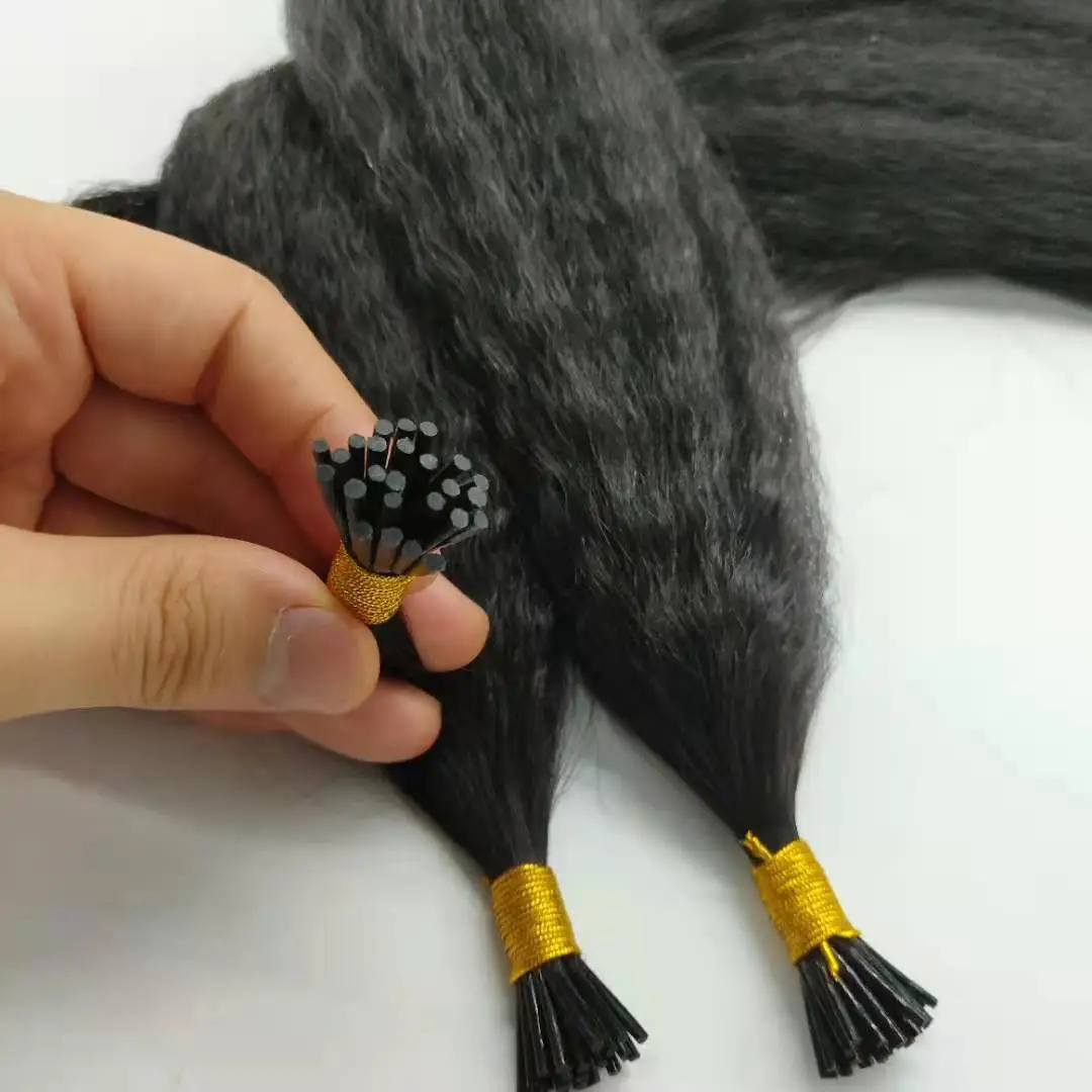 Bluelucky High Quality One Donor Natural Black Virgin Remy I Tip Hair Extension Kinky Straight