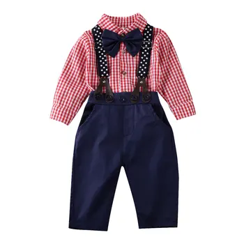 

0-24Months Plaid Shirt+ Bib Pants +Tie 4pcs Set For baby Infant Boy clothes Formal Set Gentleman Suit