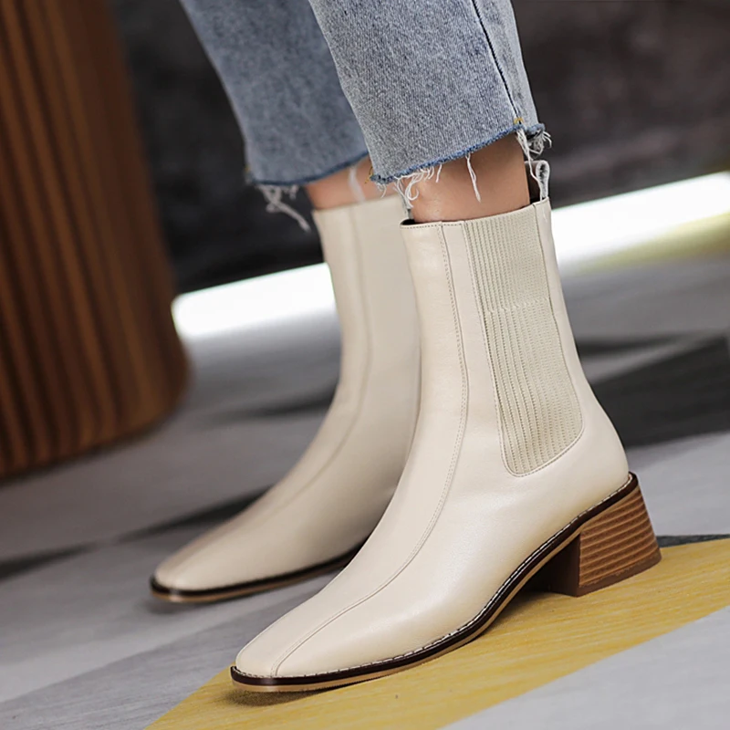 

2020 Autumn Fashion Women Ankle Boots Square Toe Low Heel Shoes Woman Back Elastic Band Short Booties Black White Botas Mujer