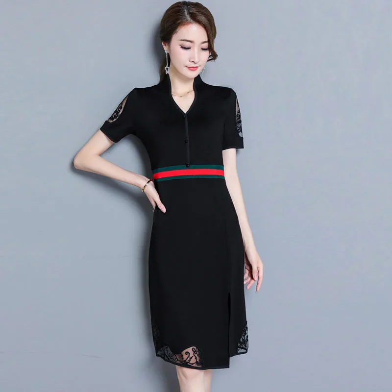 

Separate Station 2019 Spring And Summer New Style Black And White with Pattern Lace Dress Slim Fit Slimming Medium-length Dress