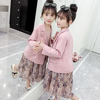 

2019 autumn teenage girls clothing sets blazer+chiffon dress 2 pieces floral