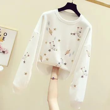 

2020 New Spring Autumn Cartoon Sequins Embroidery O Neck Women Pullovers Top All-match Loose Students Sweatshirts Casual
